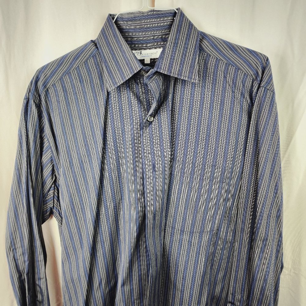 Alex Cannon gray, black and blue striped dress shirt, size Large.